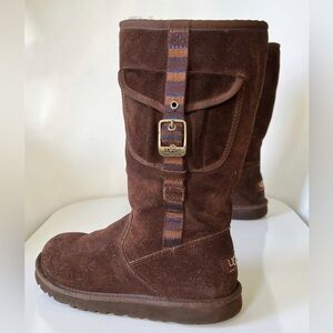 UGG S/N 1968 Retro Cargo Pocket Tall Zip Suede Espresso Brown Sheepskin Boots
